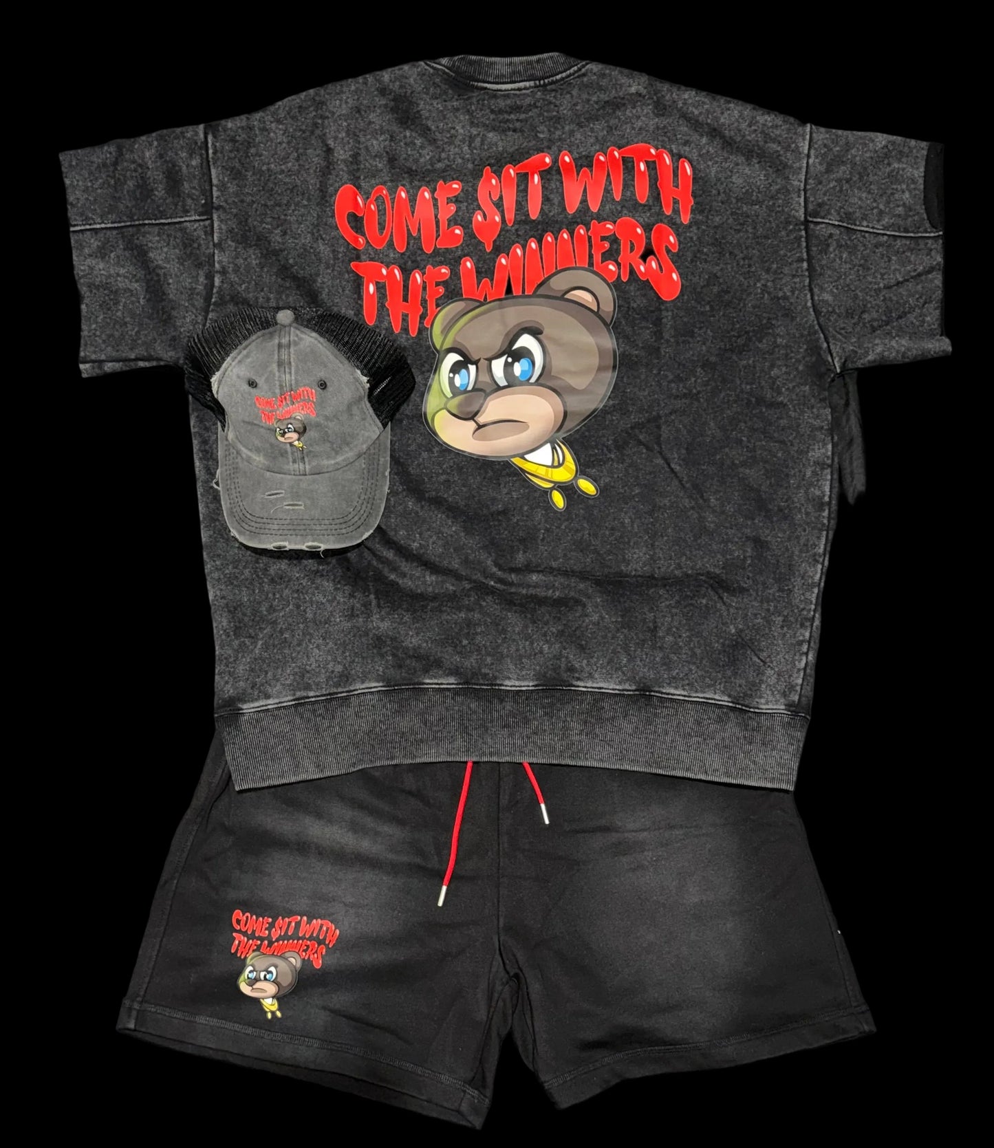 🏆THE WINNING TEAM🏆 black/red stone wash quarter sleeve designer sweatshirt