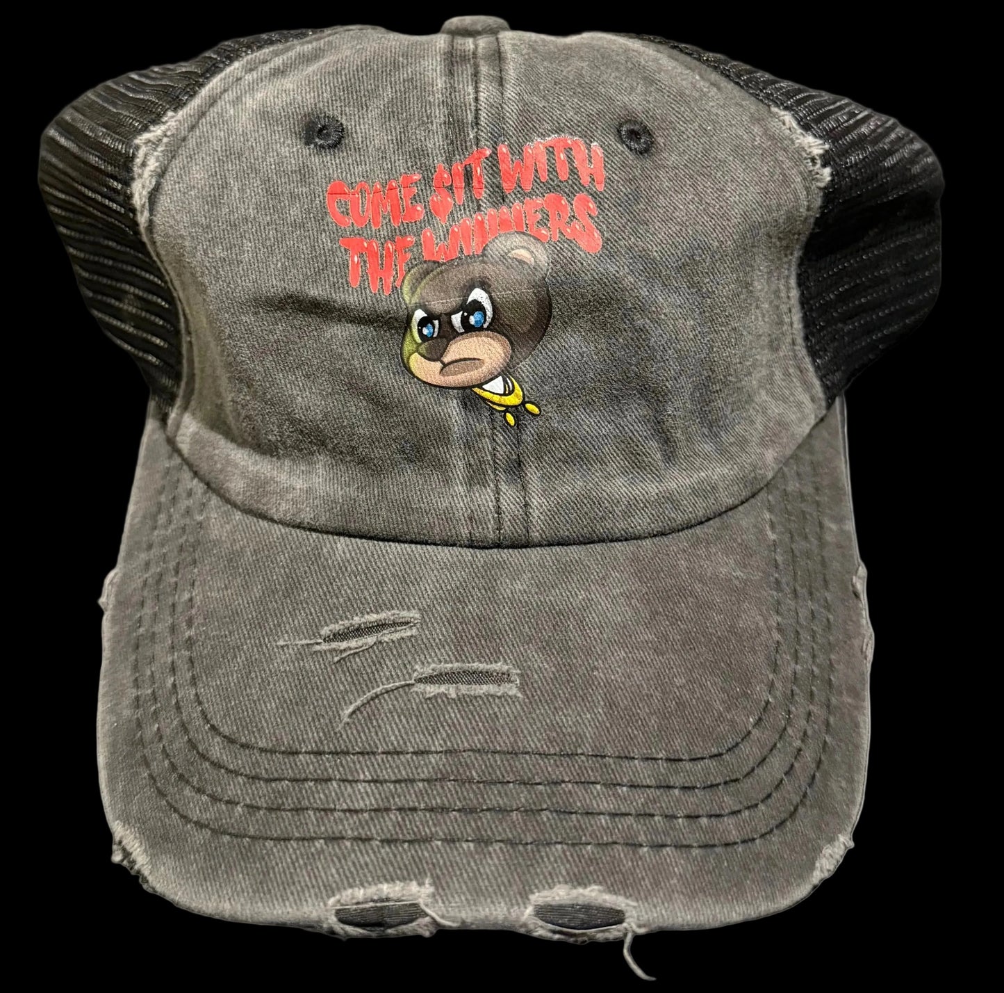 🏆THE WINNING TEAM🏆 black/red stone wash trucker Cap