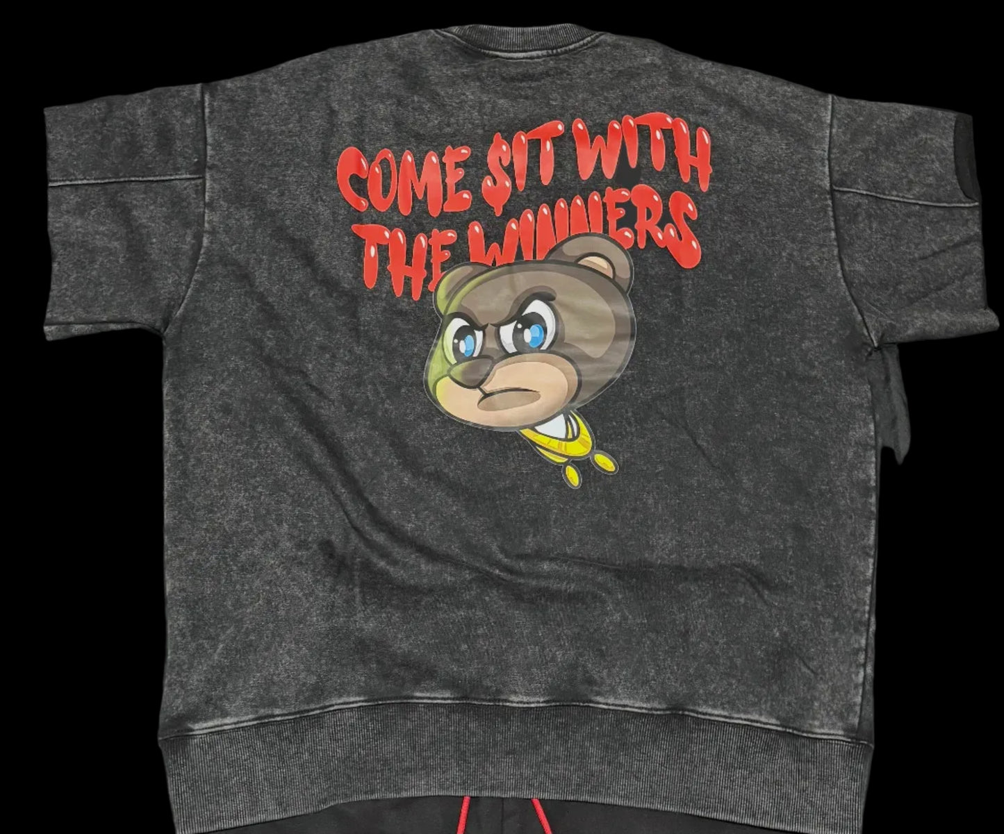 🏆THE WINNING TEAM🏆 black/red stone wash quarter sleeve designer sweatshirt