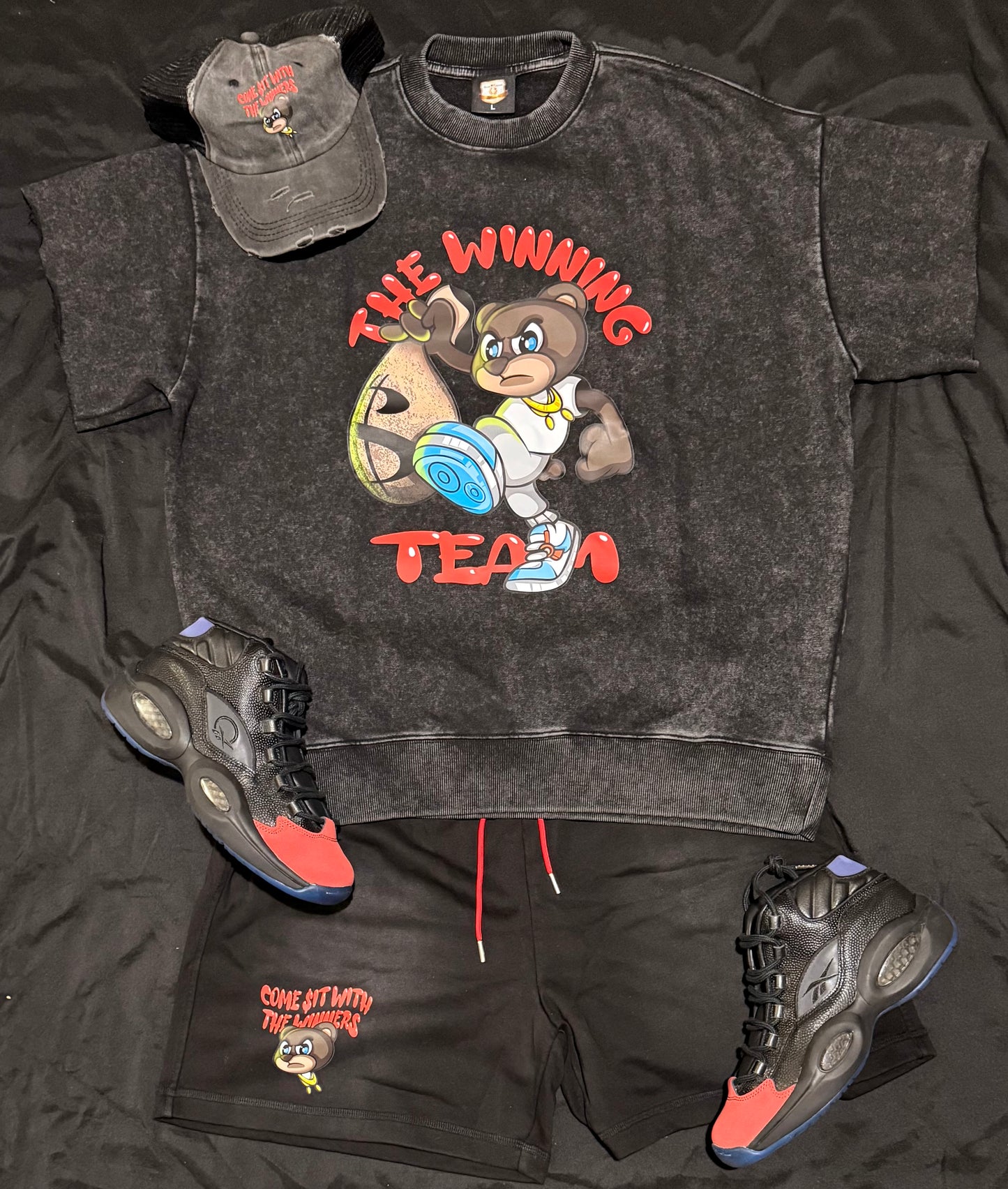 🏆THE WINNING TEAM🏆 black/red stone wash quarter sleeve designer sweatshirt