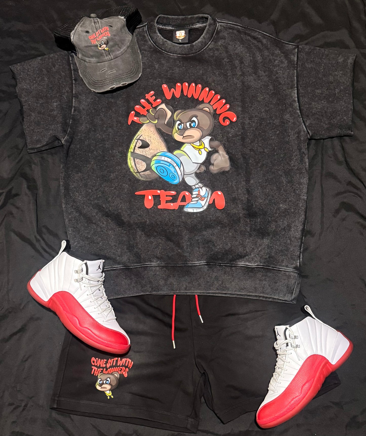 🏆THE WINNING TEAM🏆 black/red stone wash quarter sleeve designer sweatshirt
